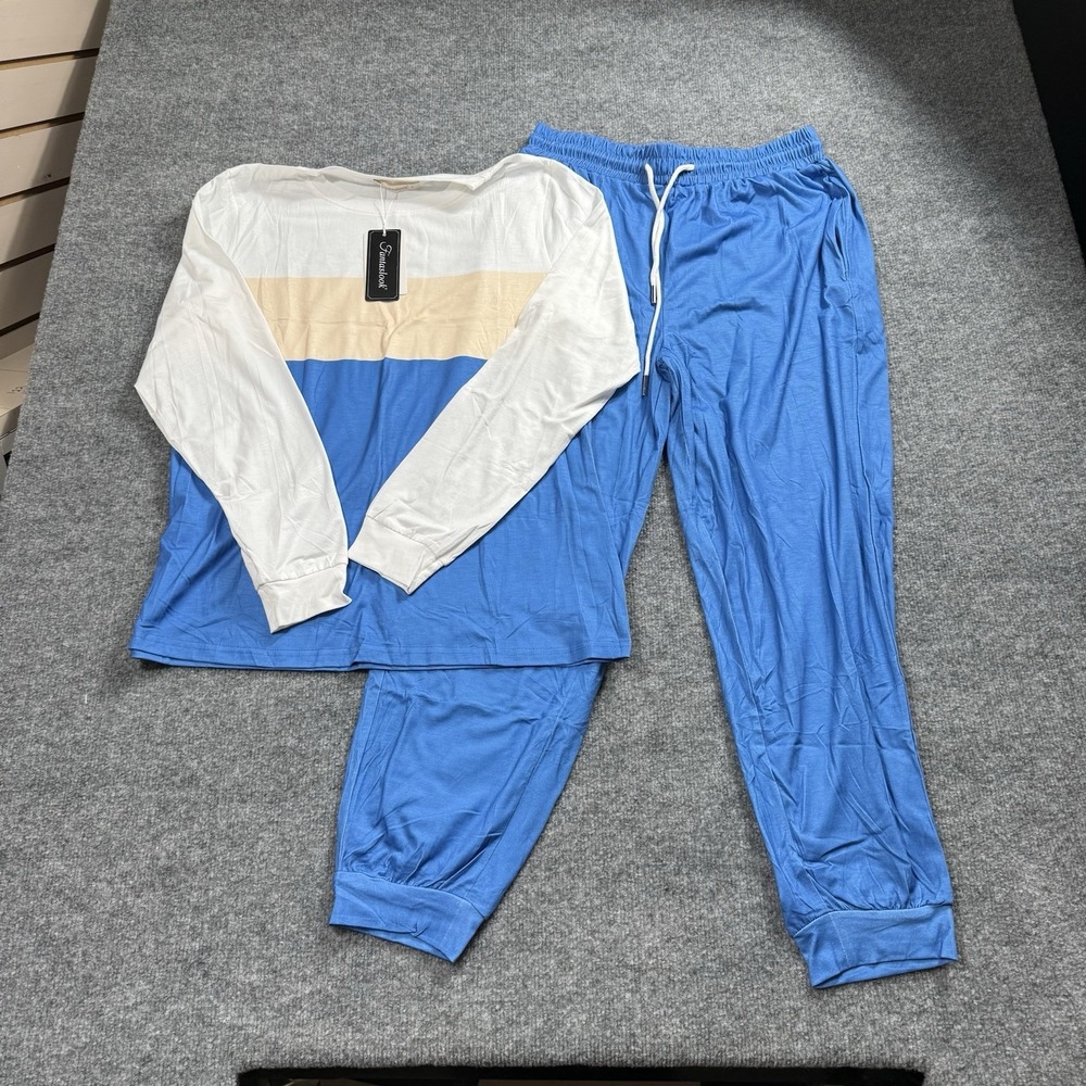 Blue Cream White Colorblock Long Sleeve Joggers Lounge Set  NWT Size Medium